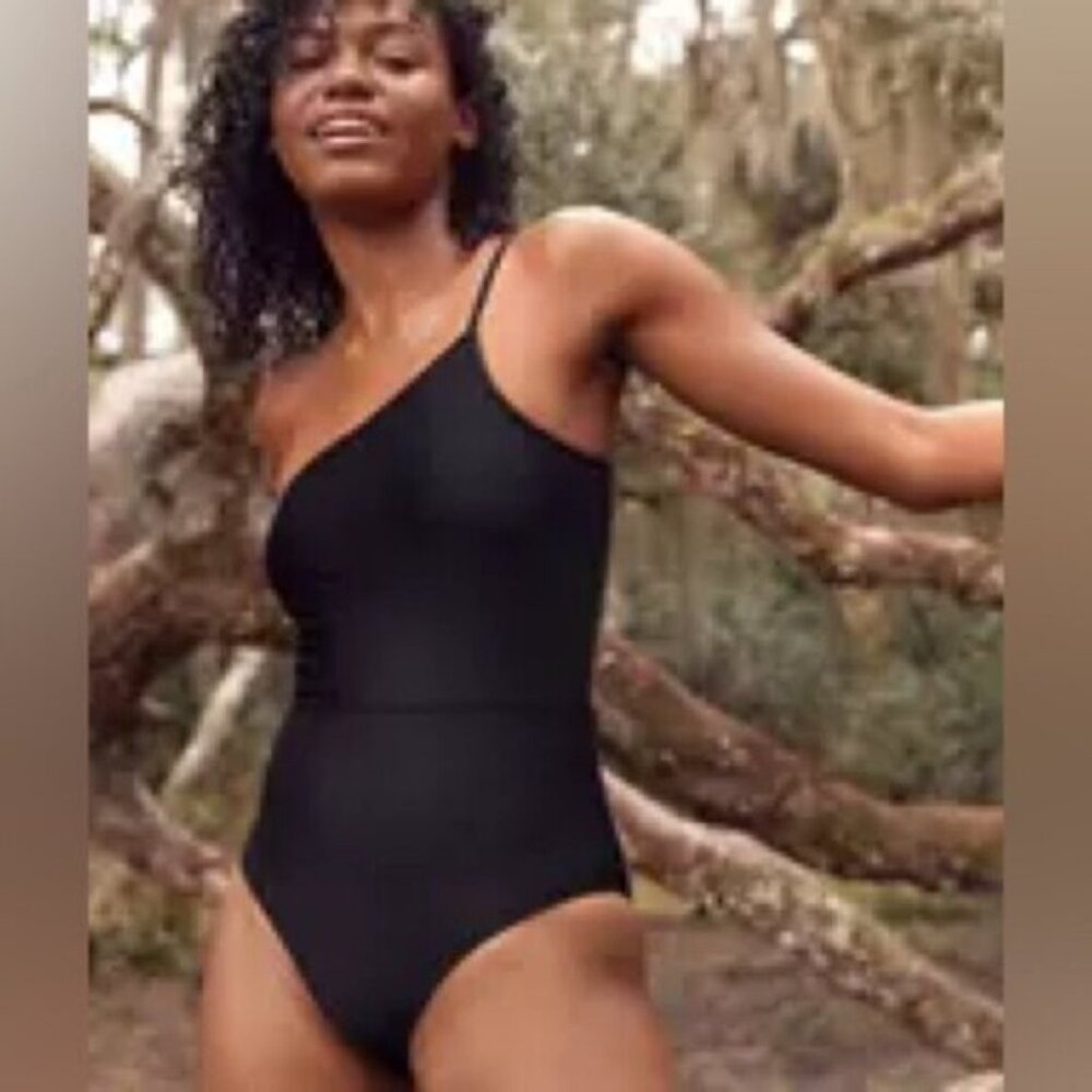 Aerie Black One-Shoulder Swimsuit